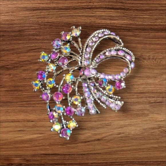 Vintage Rhinestone Floral Brooch Pin Purple & Iridescent Crystals 2" Elegant Bow - Picture 2 of 7